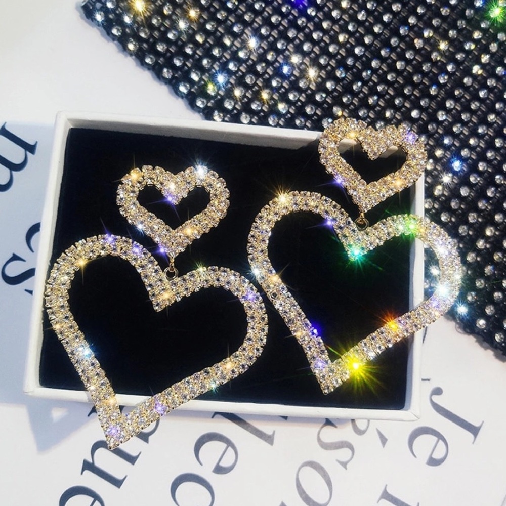 Gold Plated Cystal Stud with Heart Hoop Drop Statement Earring